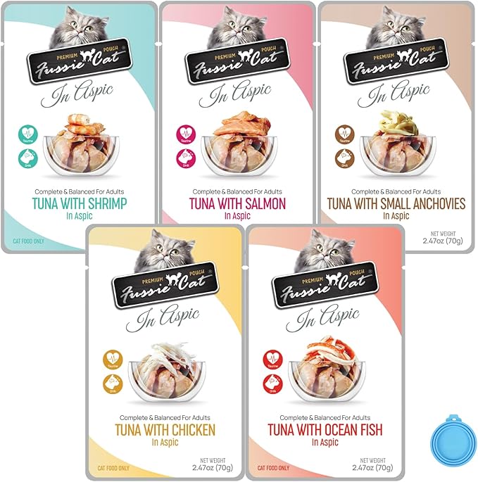 Fussie Cat Premium Wet Cat Food in Aspic (5 Pack) 2.47-oz Pouches, 5 Flavor Variety Pack+ lid
