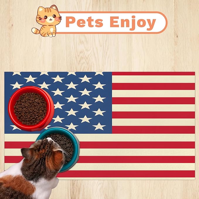 American Flag Dog Food Mat for Floors Absorbent Dog Bowl Mat for Food and Water Dispenser Quick Dry Cat Food Placemat Pet Supplies 16" x 24", USA Flag