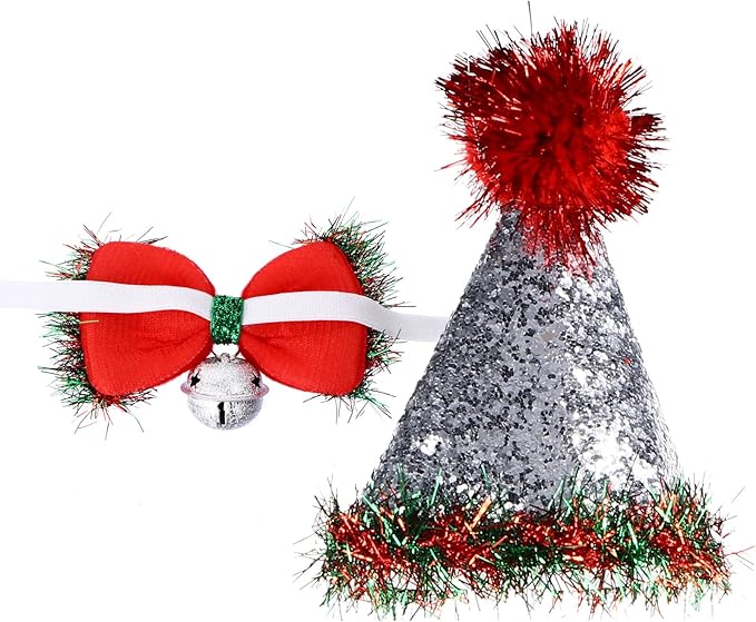 Kichvoe Christmas Pet Hat and Bow Tie Set with Bell, Red Cap Costume Accessories for Dogs and Cats Holiday Party, 2pcs Festive Pet Supplies