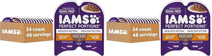 IAMS Perfect Portions Healthy Kitten Grain Free Wet Cat Food Cuts in Gravy,Chicken Recipe,2.6 oz. Easy Peel Twin-Pack Trays (,48 Servings),24 Count (Pack of 2)