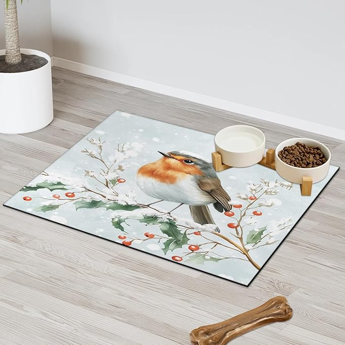 Winter Bird Dog Food Mat for Floors Absorbent, Quick Dry Water Dispenser Mat for Food, Water, Pet Supplies 16" x 24", Xmas Holly