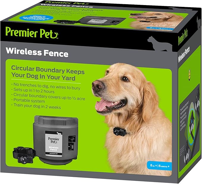 Premier Pet Wireless Dog Fence System - Adjustable Circular Boundary Up to ½ Acre - Waterproof Collar with Tone & 5 Static Levels - No Digging - Expandable to Include Multiple Dogs