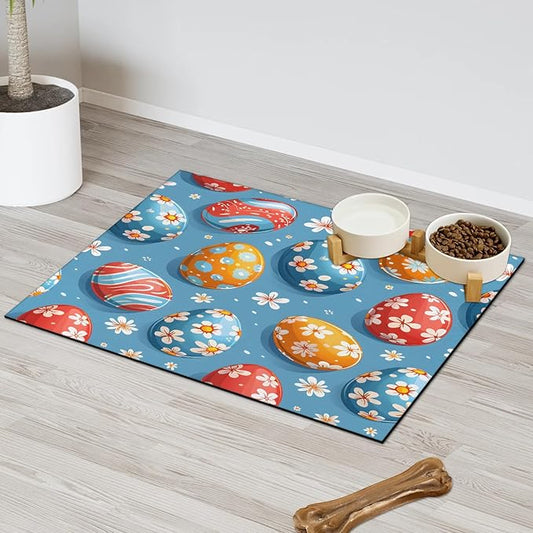 Happy Easter Dog Food Mat for Floors Absorbent Dog Bowl Mat for Food and Water Dispenser Quick Dry Cat Food Placemat Pet Supplies 12" x 20", Colorful Egg