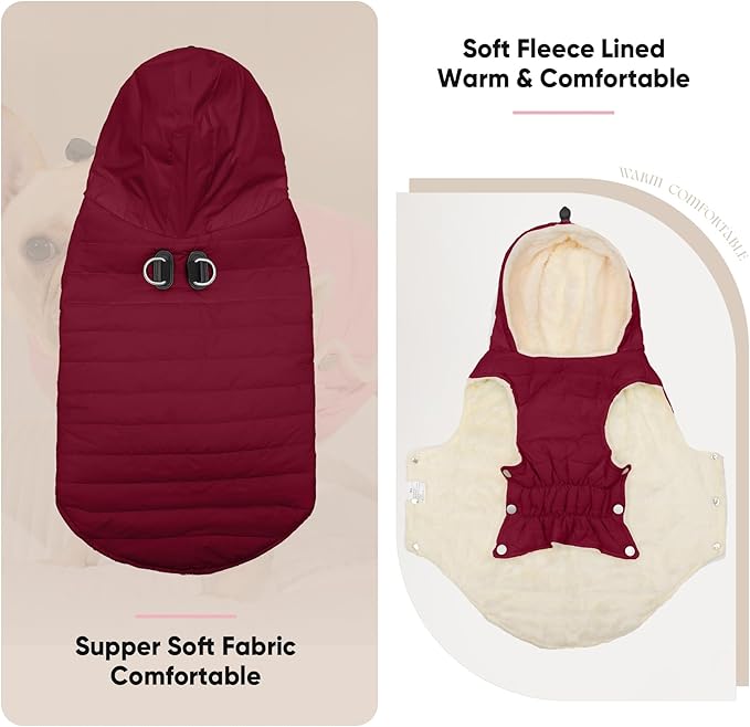 Fleece Lining Dog Hoodie with Harness Built in,Extra Warm Large Dog Jacket in Winter Doggie Coats with Drawstring Hooded,Red XXL