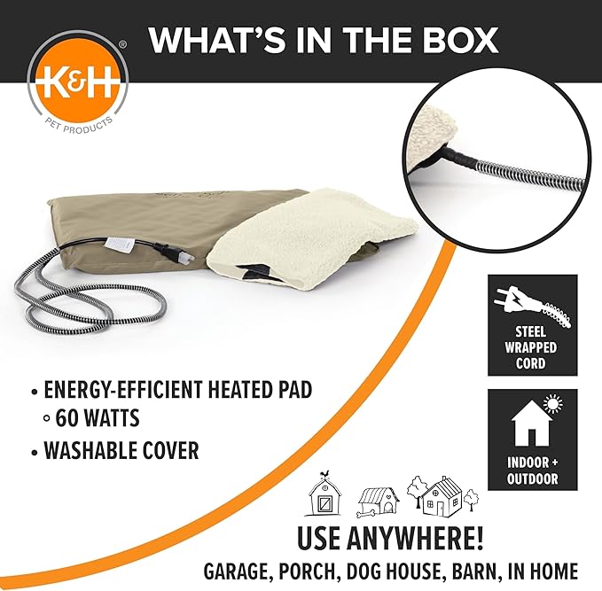 K&H Pet Products Lectro-Soft Orthopedic Outdoor Heated Dog or Cat Bed for Large Dogs or Multiple Cats, Safety Listed Warming Pad, Waterproof, Soft & Flexible, Washable Cover - Large 36 X 25in Tan 60W