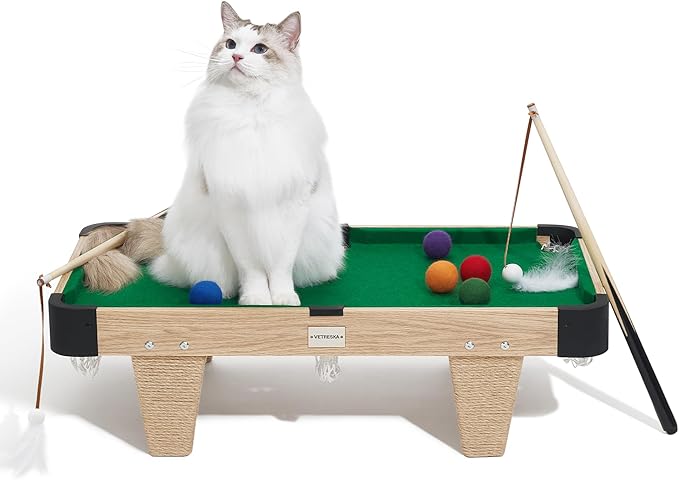 VETRESKA 4 in 1 Cat Toys Mini Pool Table, Gift for Cats, Feather Wand Toy Cat Billiard Ball Puzzle Toy, Pool Table with Scratching Post, Cat Interactive Exercise Play Rest Beds & Furniture