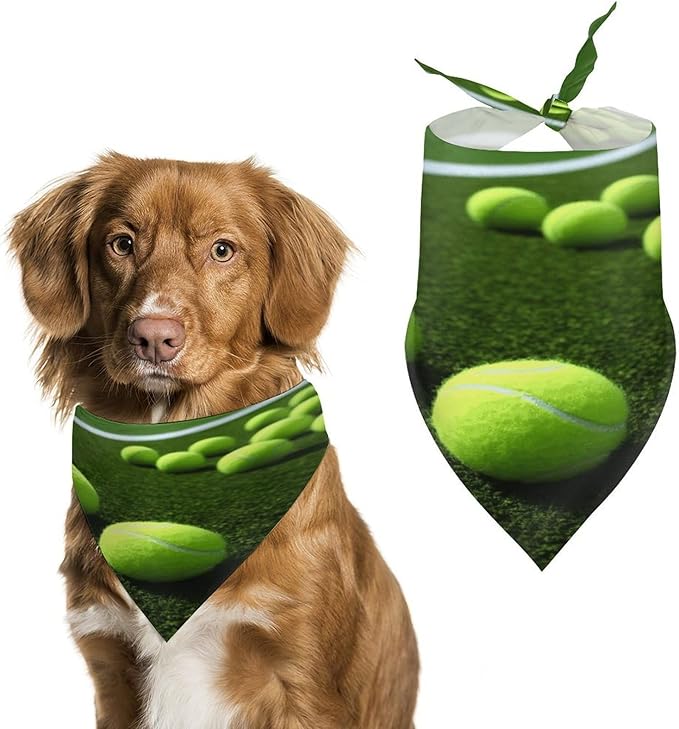 Dog Bandana Spring Pet Scarf Adjustable Triangle Tennis Balls on Tennis Grass Court Printing Dog Bib Washable Polyester Puppy Bandana for Small Medium Large Dogs Cat Birthday Party Supplies