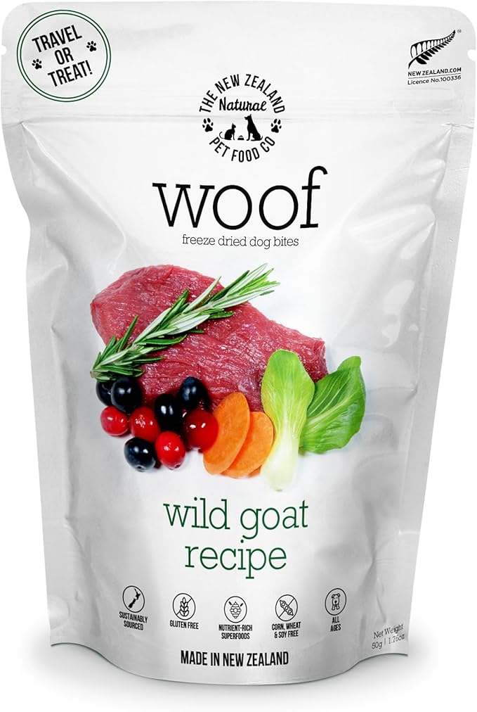 The New Zealand Natural Pet Food Co Woof Freeze Dried Dog Food - Wild Goat Recipe, High Protein, Complete Diet, Dog Treats, All Life Stages - 1.76 oz