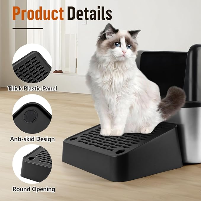 Cat Litter Box Ramp, Litter Box Step Mat with Filter Function, Cat Litter Catcher for Self-Cleaning Litter Boxes, Cats Pedal Stool Ideal for Kitten & Elderly Cats (Black)