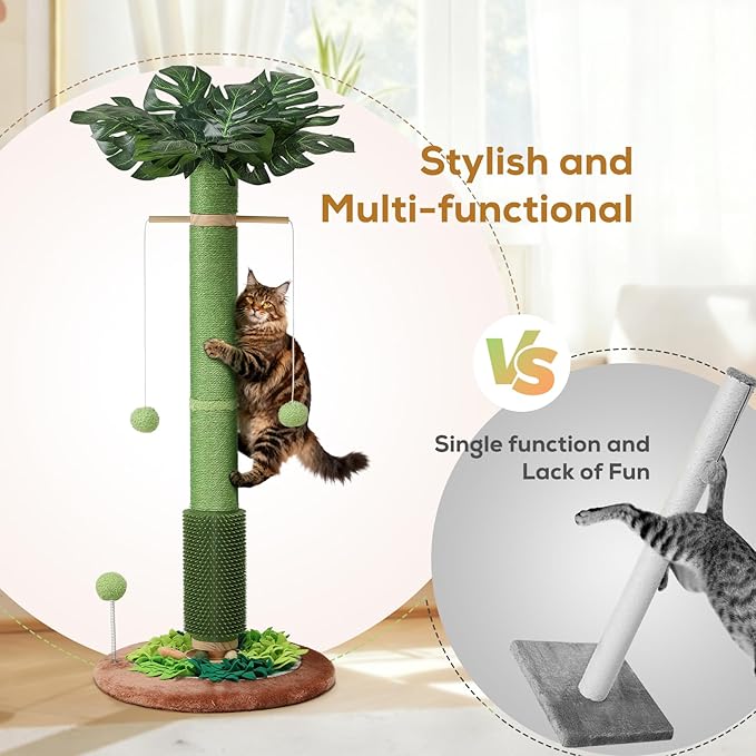 Cat Scratching Post, 40" Tall Palm Tree Scratch Post for Cats, Sisal Scratching Posts for Indoor Cats Adults with Hanging Cat Toys, Self-Grooming Brush, Snuffle Mat and Interactive Wooden Ball Track