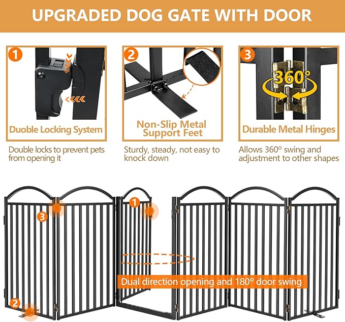 Malier Metal Freestanding Dog Gates with Door, 32'' Height Outdoor Indoor Dog Fences, Extra Wide Foldable Puppy Gate Free Standind Tall Pet Gate for Stairs, Hallways, Doorways, Yard (Black 6 Panels)