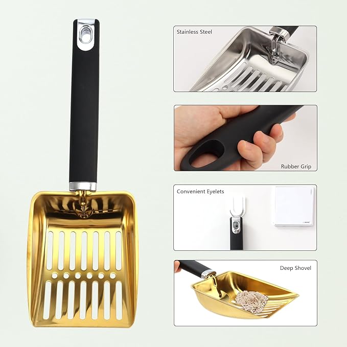 Cat Litter Scoop,Metal Cat Litter Scoop,Stainless Steel cat Litter Scoop with Non-Slip Handle,Poop Sifting,Kitten Pooper Lifter,for Litter Box