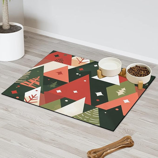Pine Tree Dog Food Mat for Floors Absorbent, Quick Dry Water Dispenser Mat for Food, Water, Pet Supplies 16" x 24", Boho Tree