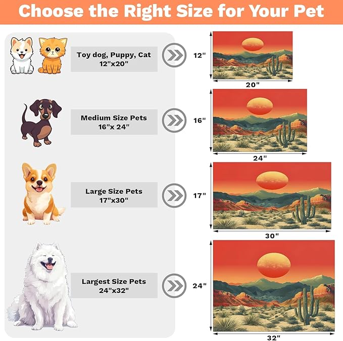Sunrise Dog Food Mat for Floors Absorbent, Quick Dry Water Dispenser Mat for Food, Water, Pet Supplies 17" x 30", Cactus