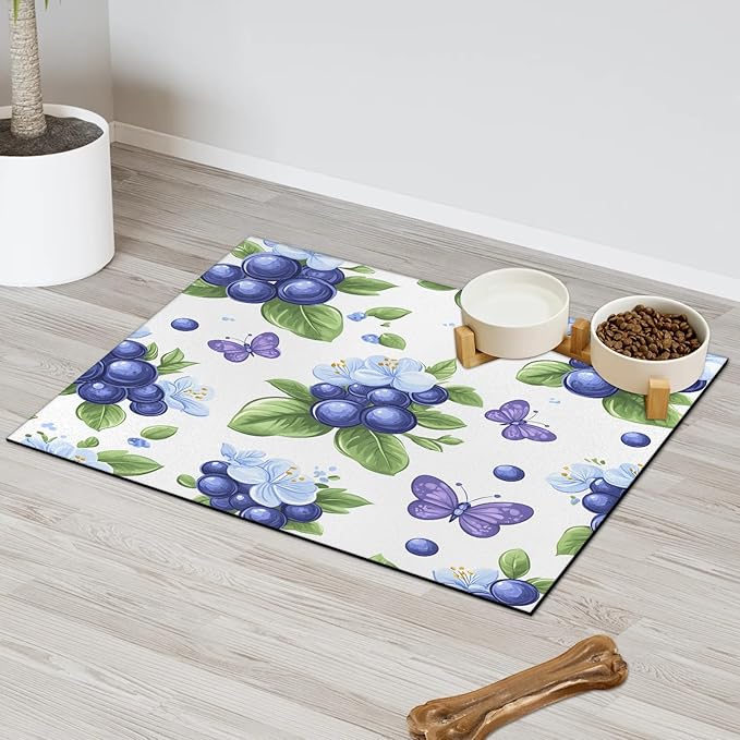 Blueberry Fruit Dog Food Mat for Floors Absorbent Dog Bowl Mat for Food and Water Dispenser Quick Dry Cat Food Placemat Pet Supplies 17" x 30", Green Leave