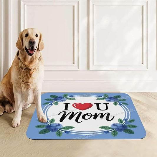 Non Slip Mat for Dog Pet Cat Dog Food Mats Happy Mother's Day Floral Gift for Mom Blueberry Water Bowl Mat Quick Dry Absorbent Cat Feeding Mats 24x16In