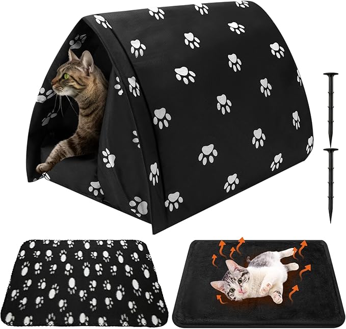 Winter Outdoor Cat House with Self Warming Pad Blanket 17'' x 12'' Weatherproof Foldable Feral Cat Shelter Waterproof Outside Warm Bed Cave Tent for Dogs Puppy Wild Animal Indoor Home