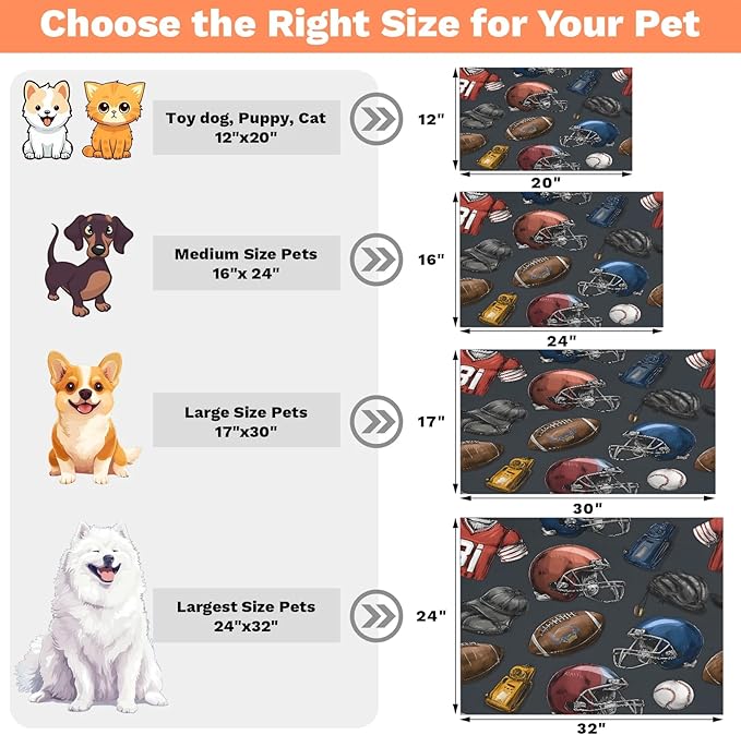 Football Baseball Dog Food Mat for Floors Absorbent, Quick Dry Water Dispenser Mat for Food, Water, Pet Supplies 16" x 24", Sports Theme
