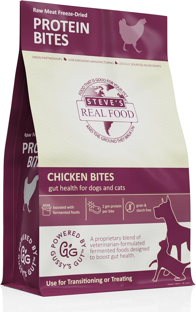 Steve's Real Food Protein Bites Gut Health Treats - Freeze-Dried Pet Treats for Cats and Dogs - Chicken Recipe - 4 oz