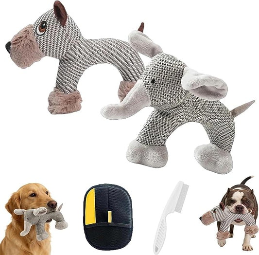 Linen Safari Companions, Squeaky Dog Chew Animals, Strudy Linen Fabric, Relieve Boredom and Anxiety in Dogs (Dog+Elephant)