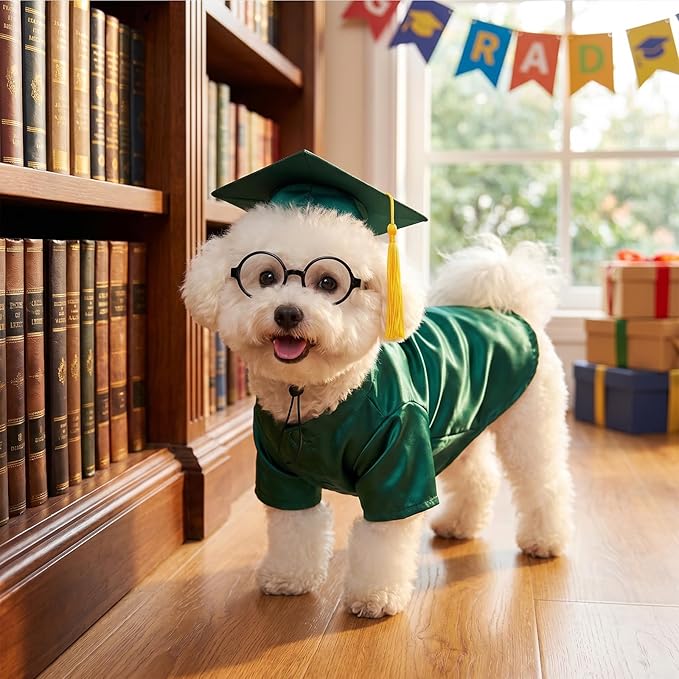 Dog Graduation Cap and Gown Set 2026 - Adjustable Washable Pet Cosplay Costume for Small Medium Dogs, Graduation Gift Supplies with Cap Robe Tassel,Dog Graduation Outfits Gifts (Green, Small)