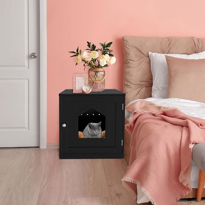 ZENY Hidden Cat Litter Box Furniture - Enclosed Cabinet With Vent Holes, Indoor Wooden Washroom, End Table, Nightstand (Black)