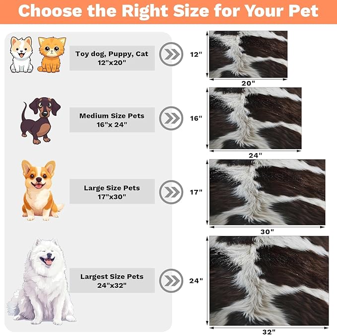 Cow Skin Dog Food Mat for Floors Absorbent Dog Bowl Mat for Food and Water Dispenser Quick Dry Cat Food Placemat Pet Supplies 12" x 20", Brown White Fur