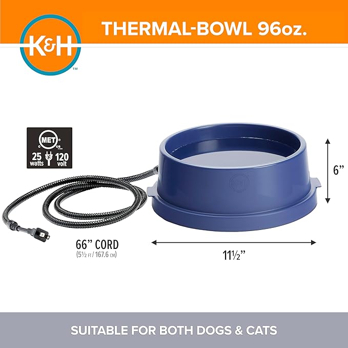 K&H Pet Products Thermal-Bowl Heated Water Bowl for Cats & Dogs Outside, Safety Listed Outdoor Heated Dog Dish for Pets, Automatic No Freeze, Anti Chew Cord - 96 Ounces Blue 25W