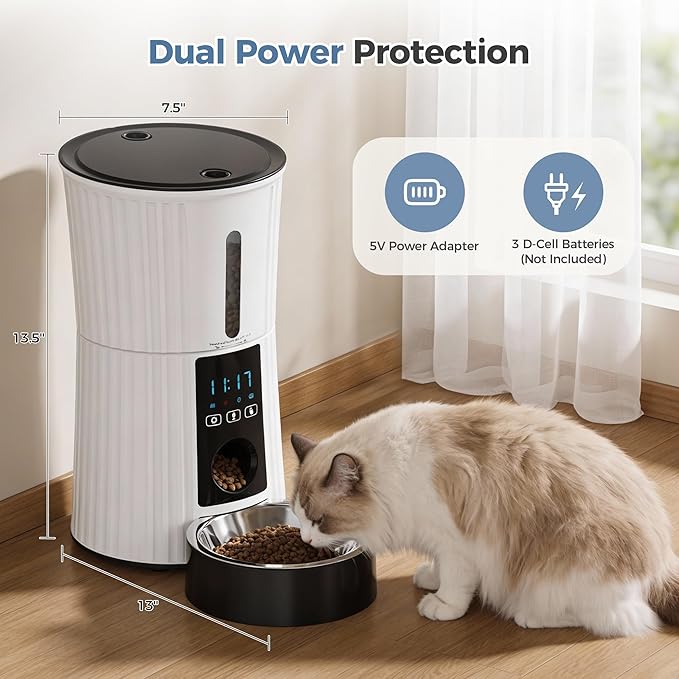 DUMOS Automatic Cat Feeder, 4L Timed Cat Food Dispenser with APP Control, 10s Voice Recorder, Dual Power Supply, 2.4G WiFi Indoor Programmable Pet Feeder with Desiccant for Small Cats and Dogs, White