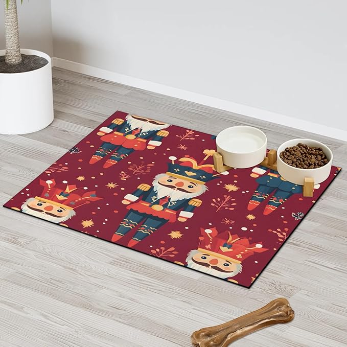 Nutcrackers Dog Food Mat for Floors Absorbent, Quick Dry Water Dispenser Mat for Food, Water, Pet Supplies 17" x 30", Christmas