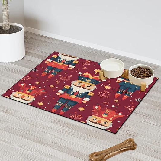 Nutcrackers Dog Food Mat for Floors Absorbent, Quick Dry Water Dispenser Mat for Food, Water, Pet Supplies 24" x 32", Christmas