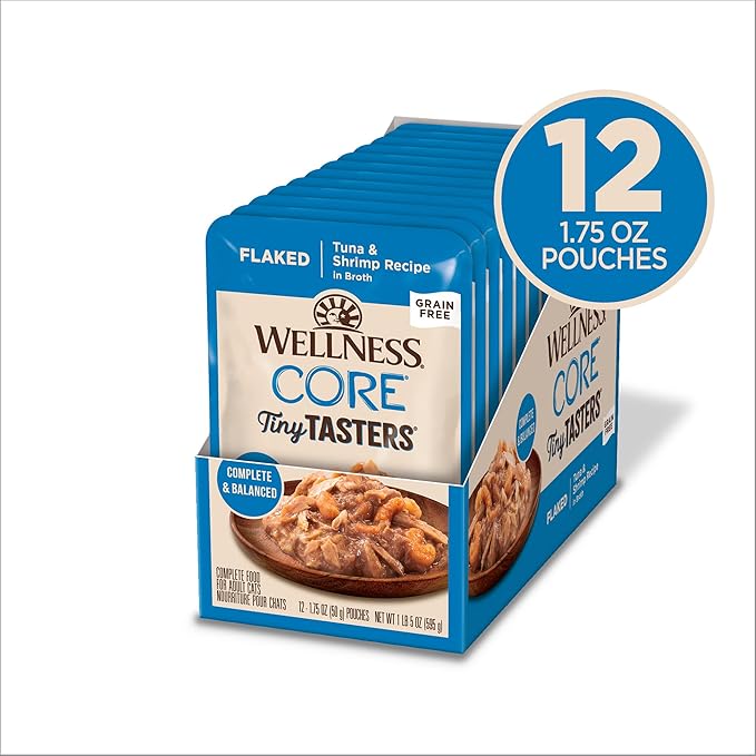 Wellness CORE Tiny Tasters Flaked Adult Wet Cat Food, Natural, Protein-Rich, Grain Free, 1.75-Ounce Pouch, 12 Pack, (Tuna & Shrimp)