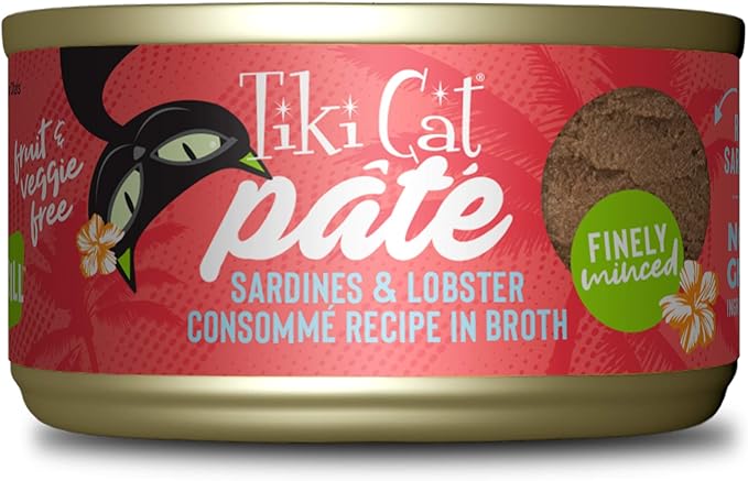 Tiki Cat Grill Pâté, Sardines & Lobster Consommé, High-Protein and 100% Non-GMO Ingredients, Wet Finely Minced Cat Food for All Life Stages, 2.8 oz. Cans (Pack of 12)