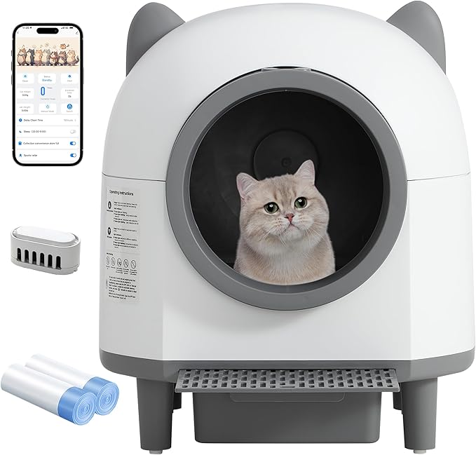 Grepatio Automatic Cat Litter Box for Multiple Cat, Self Cleaning Cat Litter Box with APP Control, Safe Anti-Pinch, Weight Monitoring, Smart Litter Box Include Scent Cartridge, 2-Roll Garbage Bags