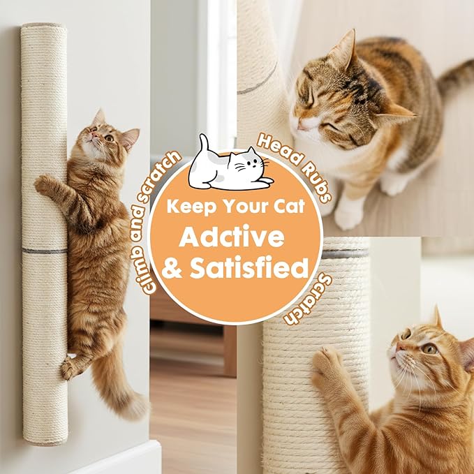 PowerKing Wall Mounted Cat Scratcher, 24" Vertical Sisal Scratching Post for Indoor Cats, Space-Saving Wall Cat Furniture with Natural Jute Rope & Rotatable Design
