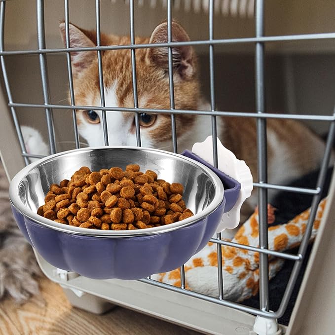 TEHAUX Hanging Pumpkin Pet Bowl Small Blue, Detachable Stainless Steel Dog and Cat Feeding Water Bowl for Crate and Cage Puppy Supplies