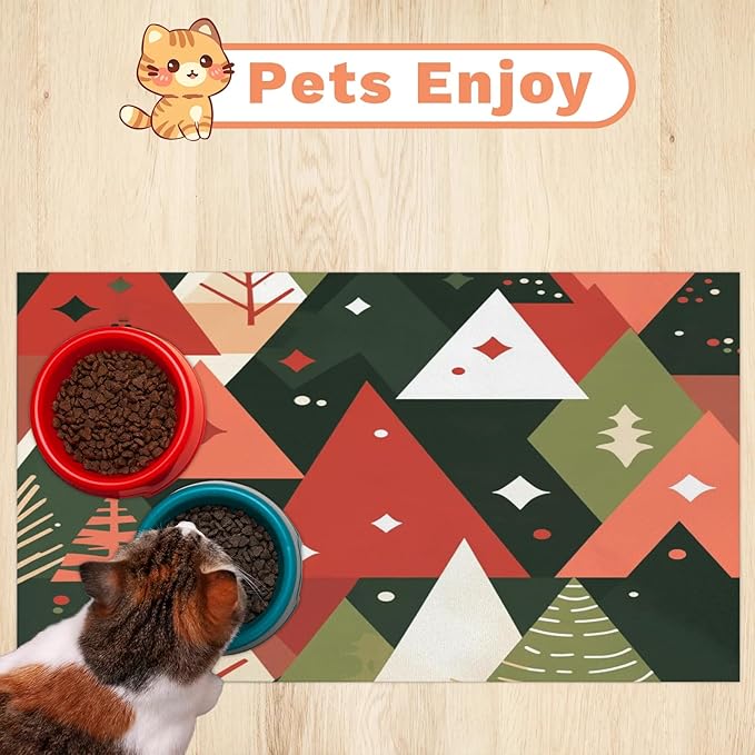 Pine Tree Dog Food Mat for Floors Absorbent, Quick Dry Water Dispenser Mat for Food, Water, Pet Supplies 16" x 24", Boho Tree