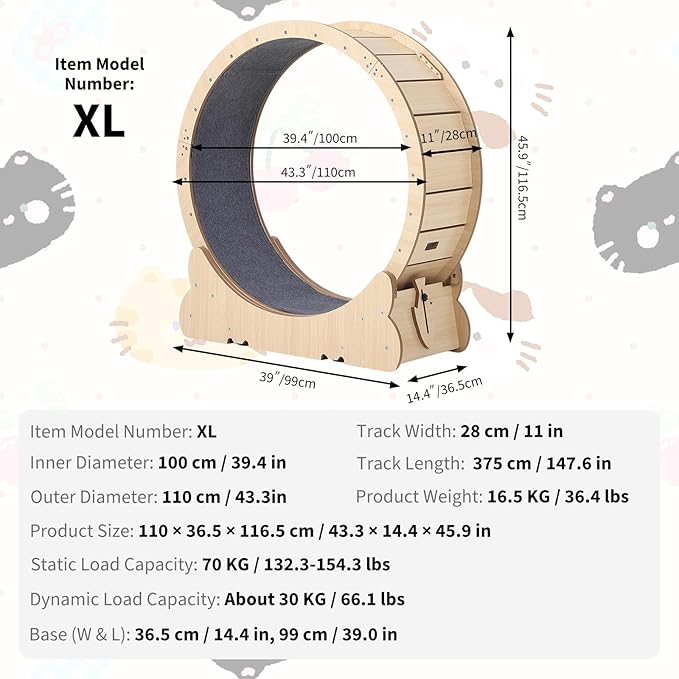 Cat Exercise Wheel for Indoor Cats, 43.3" Cat Running Wheels, Cats Treadmill Wheel with Locking Mechanism & Detachable Carpet, Ideal for Most Pets Weight Loss and Health