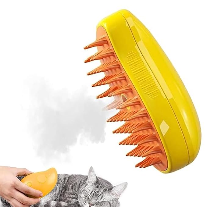 ZOOMIES-Cat Steam Brush-Ultimate 3-in-1 Pet Care Solution: Steamy Cat & Dog Grooming Brush - Say Goodbye to Shedding and Tangled Hair with our Steam-Powered Steamer Brush, Yellow