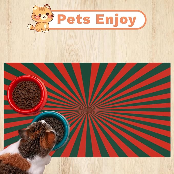 Striped Dog Food Mat for Floors Absorbent, Quick Dry Water Dispenser Mat for Food, Water, Pet Supplies 16" x 24", Red Green