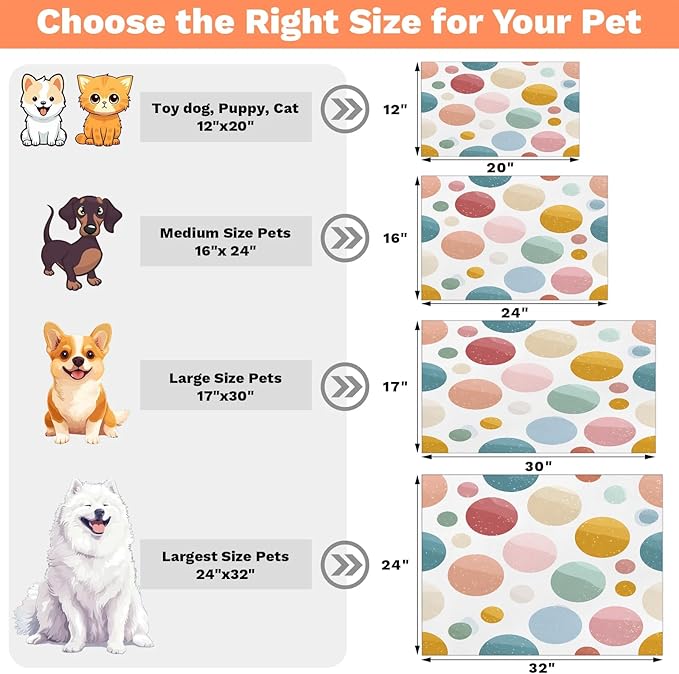 Polka Dot Dog Food Mat for Floors Absorbent Dog Bowl Mat for Food and Water Dispenser Quick Dry Cat Food Placemat Pet Supplies 16" x 24", Colorful Circle