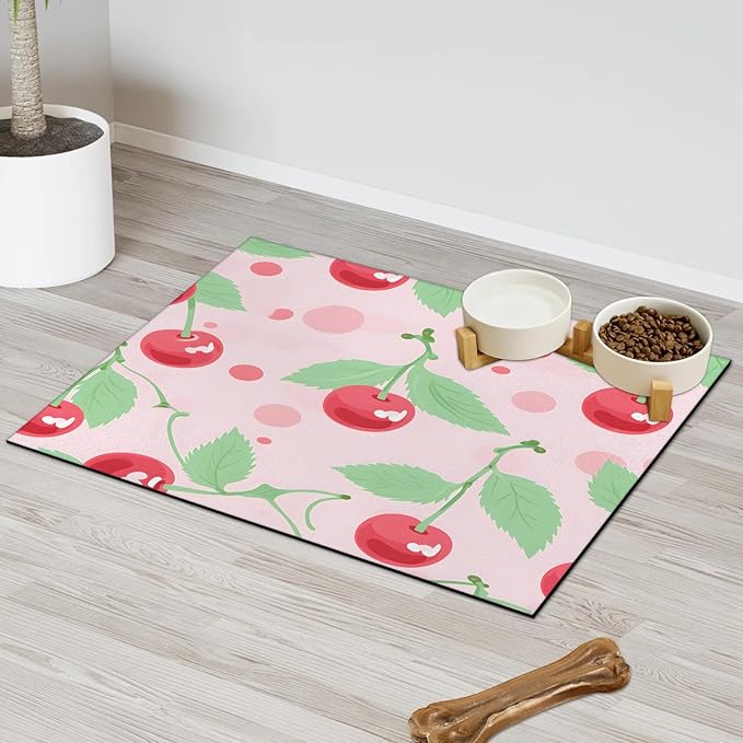Red Cherry Dog Food Mat for Floors Absorbent Dog Bowl Mat for Food and Water Dispenser Quick Dry Cat Food Placemat Pet Supplies 17" x 30", Cute Fruit