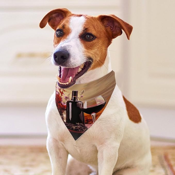 Dog Bandana Spring Pet Scarf Adjustable Triangle Red Wine Flower Printing Dog Bib Washable Polyester Puppy Bandana for Small Medium Large Dogs Cat Birthday Party Supplies