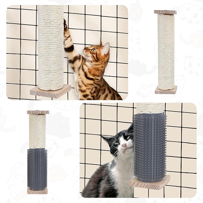 2 Pack Cat Scratching Post for Crate Cage, Wall Mounted Cat Scratcher Post with Self Groomer and Massager, Cat Cage Scratcher Pole to Scratch and Climbing 12.2x2.4in (Yellow, 2 Scratching)