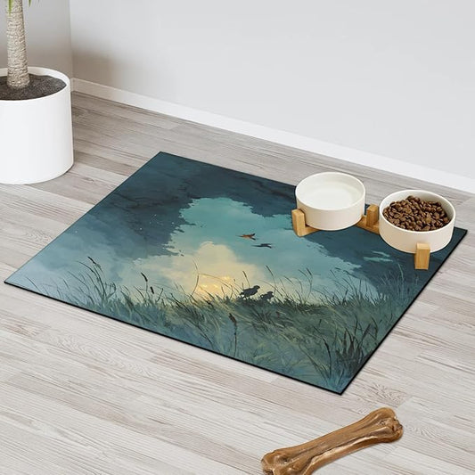 Sky Scenery Dog Food Mat for Floors Absorbent, Quick Dry Water Dispenser Mat for Food, Water, Pet Supplies 24" x 32", Grass