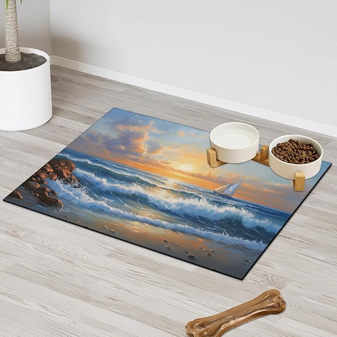 Beach Sunshine Dog Food Mat for Floors Absorbent, Quick Dry Water Dispenser Mat for Food, Water, Pet Supplies 17" x 30", Hawaii Seashore