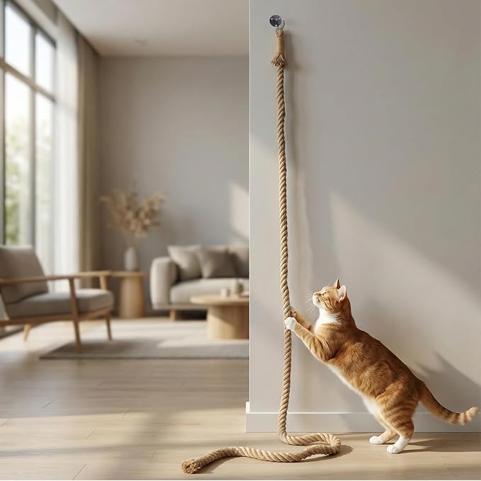 Cat Climbing Rope with Hook, Natural Jute Ropes for Ceiling & Wall Mounted,Cat Climbing Sisal Rope Cats Scratch Rope Suitable for Indoor Cats (1.20" x 6.56Ft)