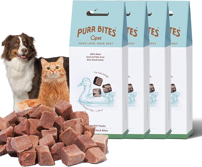 OPET Freeze Dried Cat Treats - Single Ingredient High Protein Pet Food, Healthy Training Snacks, Freeze Dried Duck Food Toppers for Cats and Dogs, Grain Free (Duck, 4 Pack)