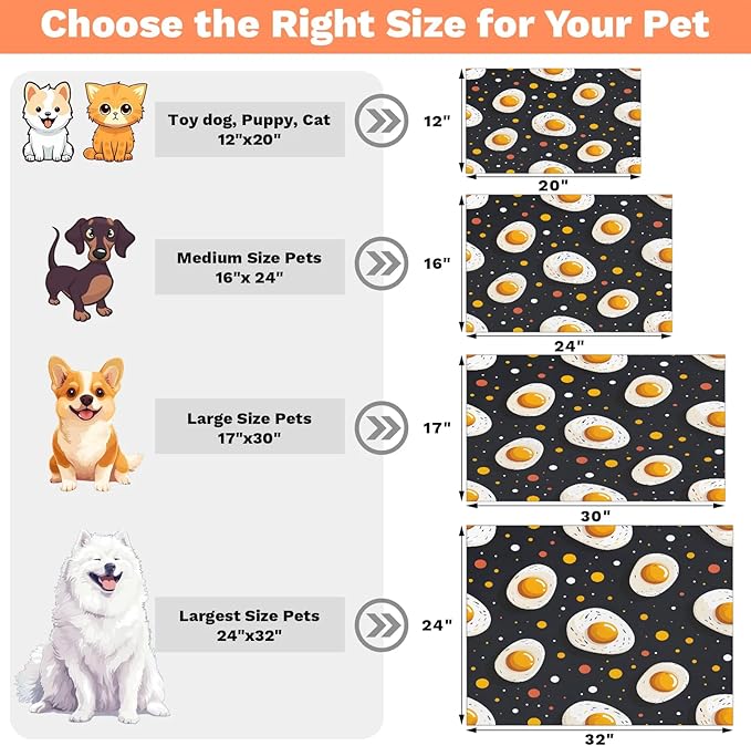 Egg Print Dog Food Mat for Floors Absorbent Dog Bowl Mat for Food and Water Dispenser Quick Dry Cat Food Placemat Pet Supplies 24" x 32", Cartoon Eggs