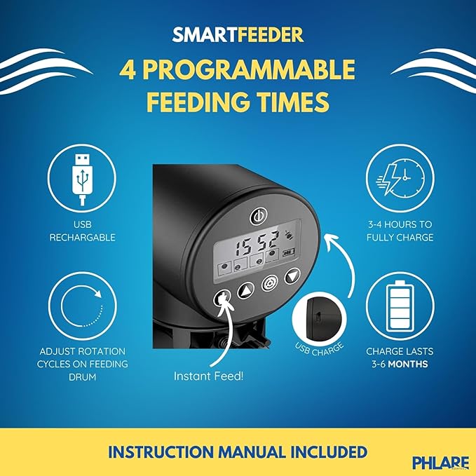 Automatic Fish Feeder for Aquariums - Rechargeable Auto Timer Feeder for Vacation | Fits Flakes & Pellets | 200ml Capacity